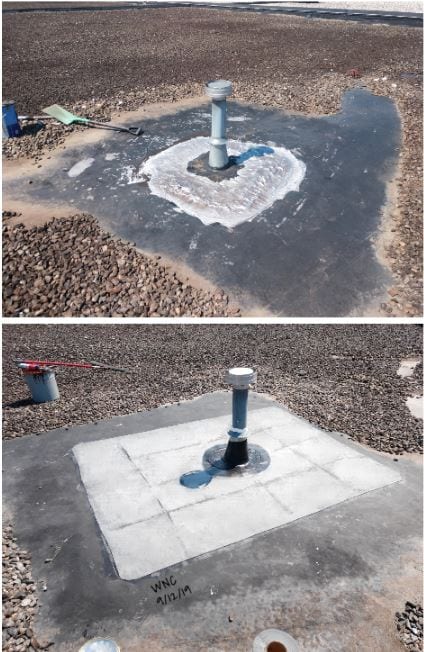 Side-by-side comparison of previous repair work and WNC Roofing's Repair work