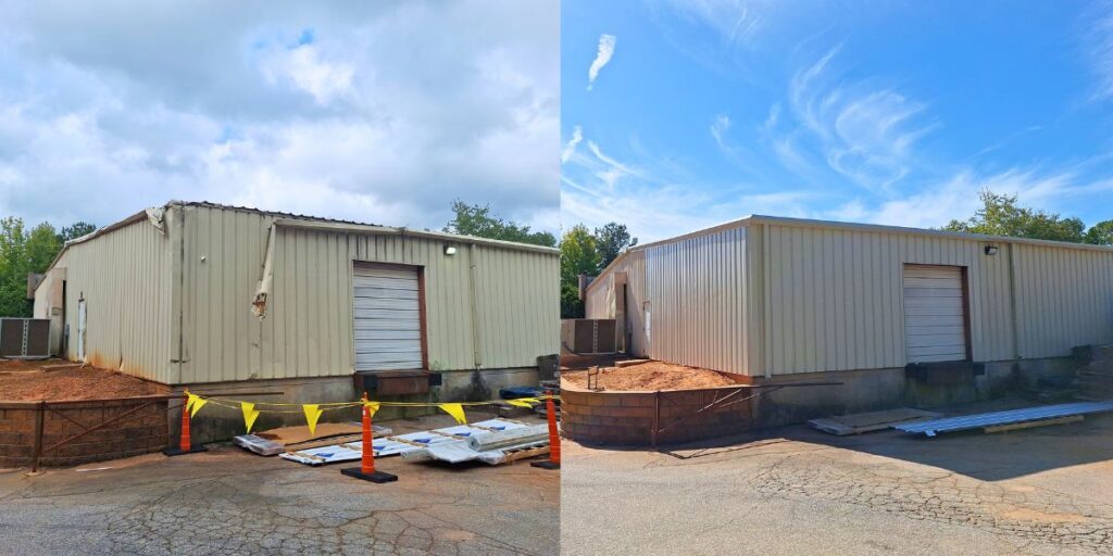 Before and after of metal building repair